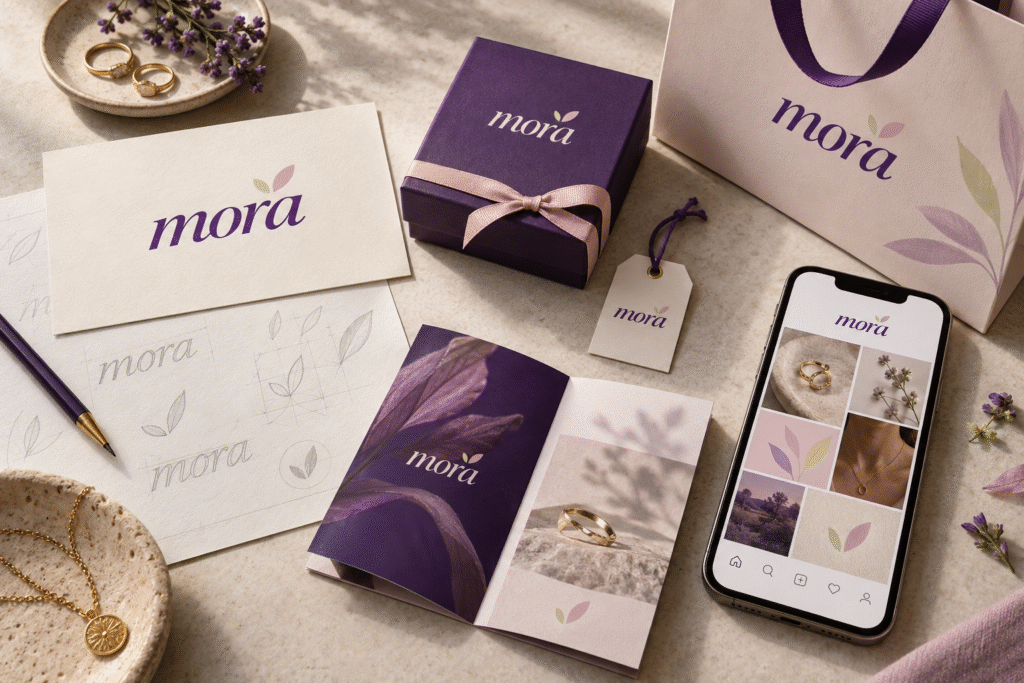 Illustrative Mora jewellery identity with a logo sketch, matching packaging, shopping bag, tag, brochure and social content.