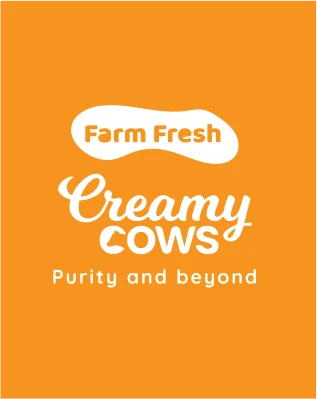 Creamy Cows white script and block-letter logo on an orange background