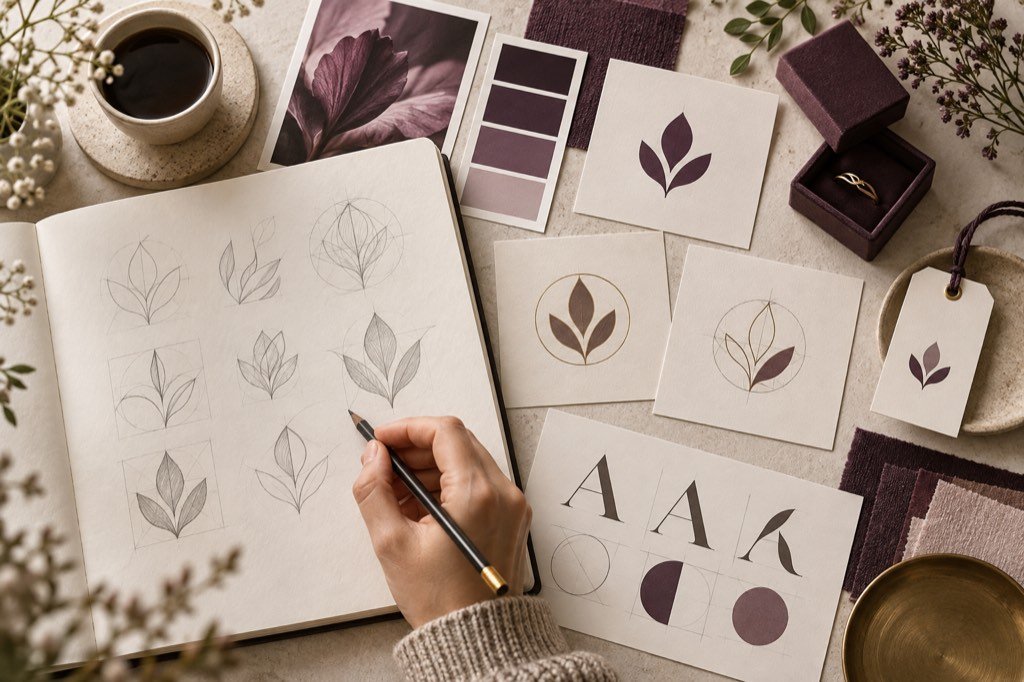 Logo sketches, refined botanical marks, colour swatches and packaging on a design workbench.