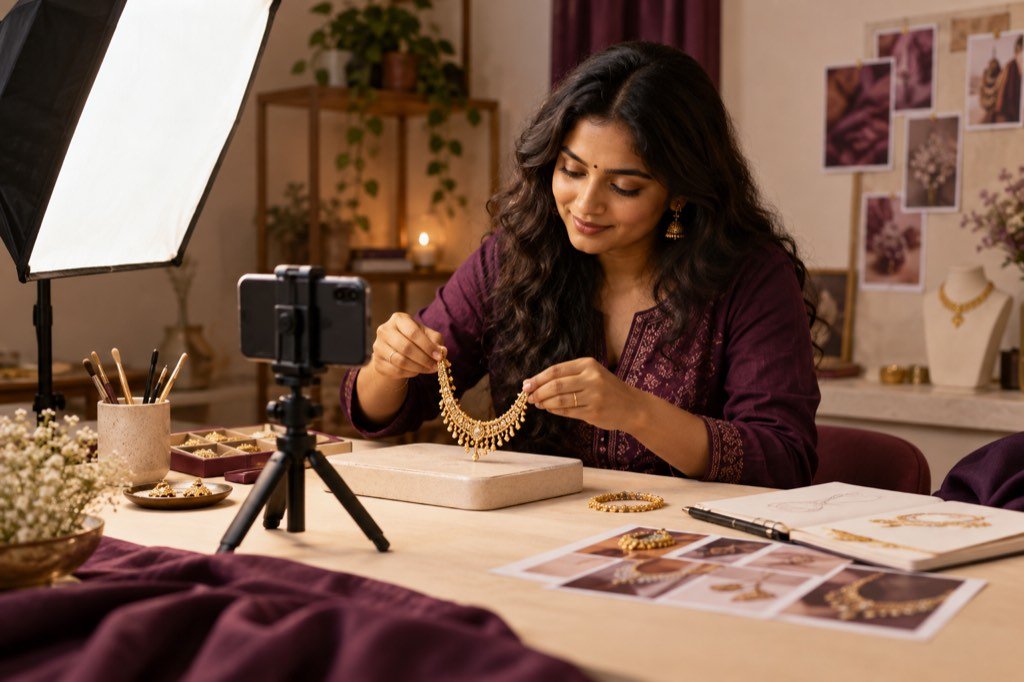 Creator filming a jewellery demonstration with a smartphone and studio lighting.