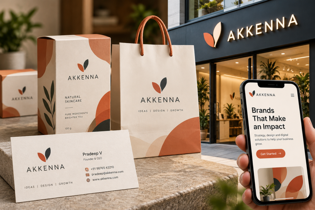 One brand identity applied across a business card, product packaging, shopping bag, storefront sign and phone screen, showing different types of branding