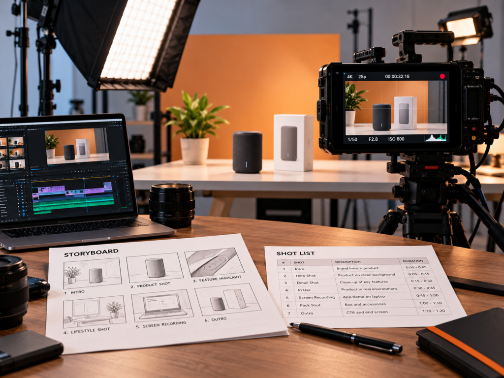 An editorial scene of a small commercial set with a cinema-style camera on a tripod, a softbox light, a product on a clean surface, a printed storyboard and shot list on a table, and a monitor showing the framed shot. Neutral palette with one accent colour. No stock-photo handshakes or generic office scenes.