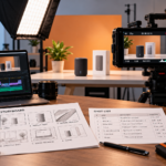 An editorial scene of a small commercial set with a cinema-style camera on a tripod, a softbox light, a product on a clean surface, a printed storyboard and shot list on a table, and a monitor showing the framed shot. Neutral palette with one accent colour. No stock-photo handshakes or generic office scenes.