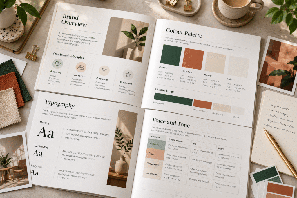 Premium editorial flat-lay of an open brand guidelines document with written rules, colour specification page, typography sample and a voice and tone table, with annotated notes and a pen, soft natural light, neutral background, one accent colour, clean modern design, no people, no readable brand names