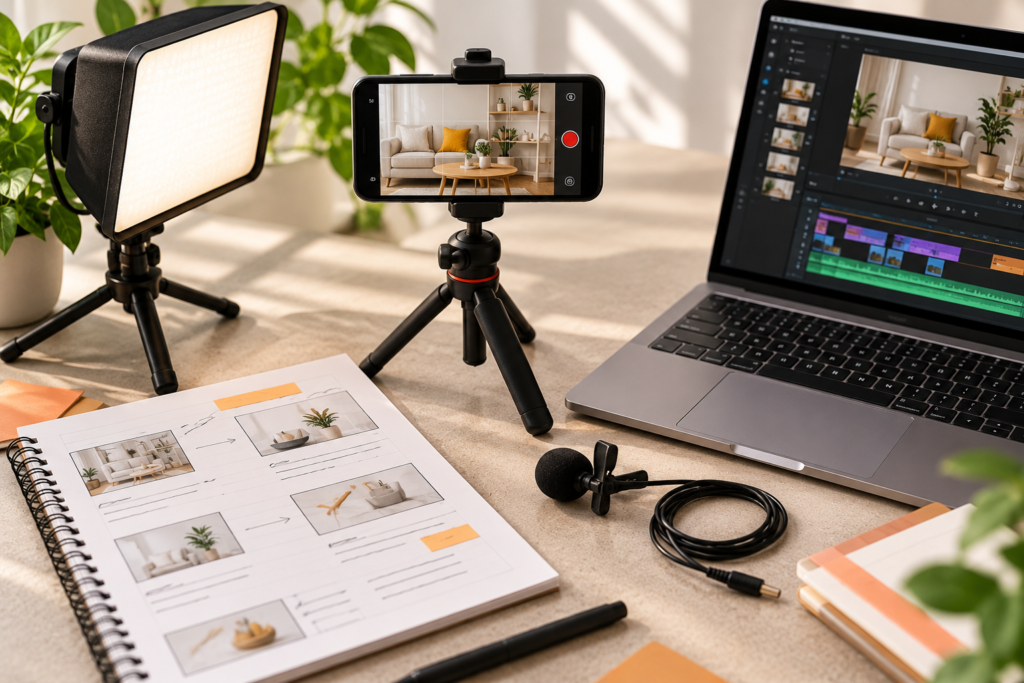 Premium editorial flat-lay of a smartphone on a mini tripod, a lavalier microphone, a small softbox light, a printed storyboard and a laptop showing a video editing timeline, soft natural light, neutral background, one accent colour, clean modern design, no people, no readable brand names
