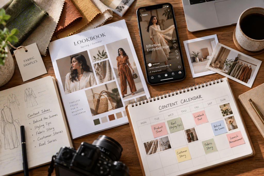 An editorial flat-lay of fabric swatches, a printed lookbook, a phone showing a styled reel, and a content calendar, arranged as one connected workflow. Avoid generic stock photography.