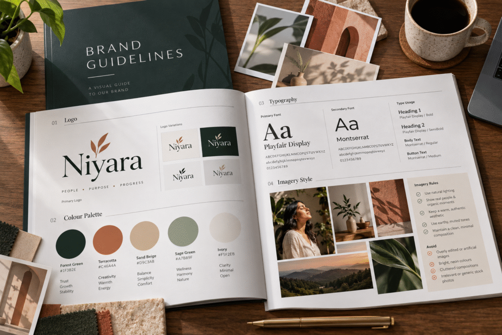 Brand guidelines document showing logo, colour palette, typography, and imagery rules