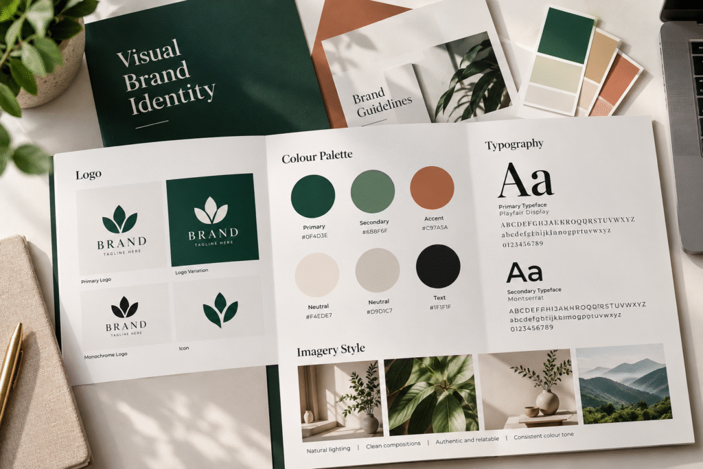 Visual brand identity system showing logo variations, colour palette, typography, and imagery