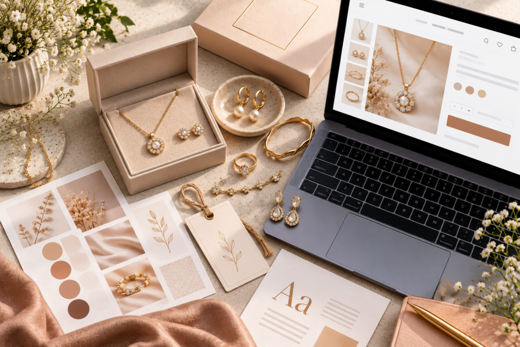 Premium editorial flat-lay of delicate gold-tone jewellery pieces on a neutral textured surface with a branded jewellery box, a hang tag, a small colour and typography moodboard and a laptop showing a clean online product page, soft natural light, one warm accent colour, clean modern composition, no people, no readable brand names