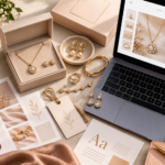 Premium editorial flat-lay of delicate gold-tone jewellery pieces on a neutral textured surface with a branded jewellery box, a hang tag, a small colour and typography moodboard and a laptop showing a clean online product page, soft natural light, one warm accent colour, clean modern composition, no people, no readable brand names