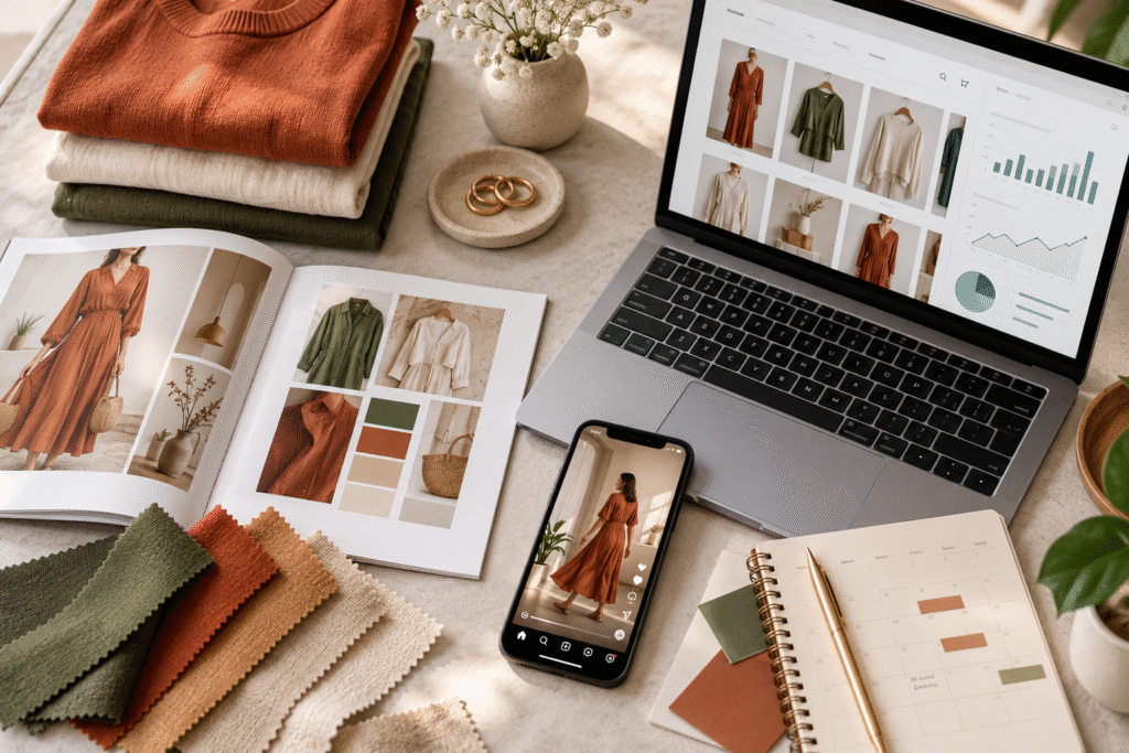 Premium editorial flat-lay of folded garments, fabric swatches, printed lookbook, phone showing a fashion reel and a laptop with an online store and analytics dashboard, soft natural light, neutral background, one accent colour, clean modern composition, no people, no readable brand names