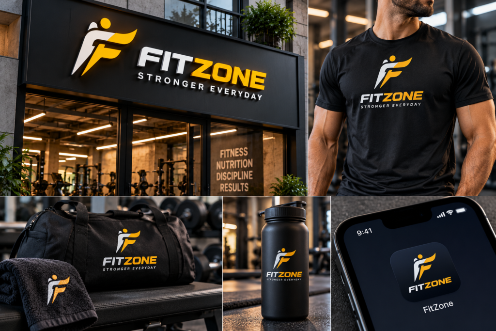Fitness logo design shown on gym signage, apparel, water bottle, and mobile app icon