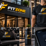 Fitness logo design shown on gym signage, apparel, water bottle, and mobile app icon