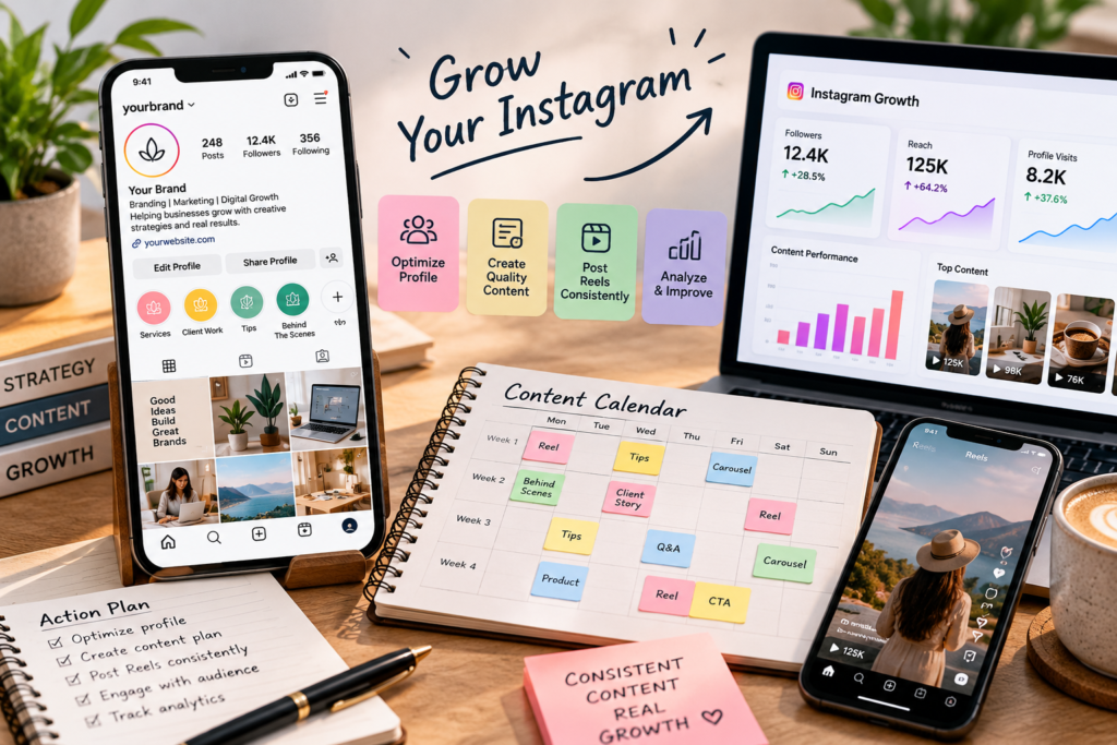 Instagram profile growth plan with profile screen, content calendar, Reels, and analytics