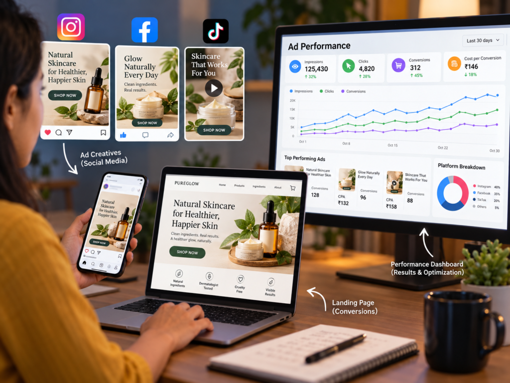 Product advertising on social media with ad creatives, landing page, and performance dashboard