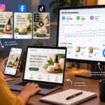 Product advertising on social media with ad creatives, landing page, and performance dashboard