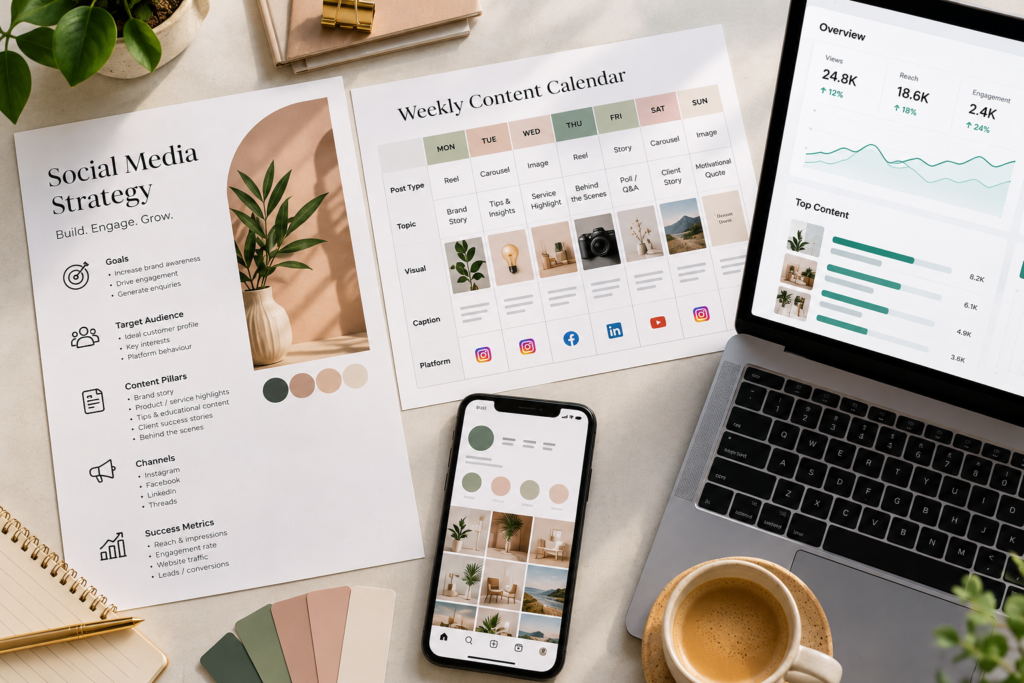 Social media strategy plan with goals, content calendar, platform icons, and analytics