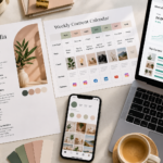 Social media strategy plan with goals, content calendar, platform icons, and analytics