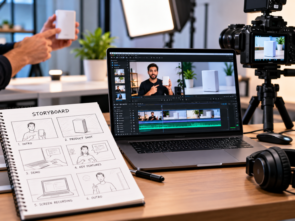 Product demo video production with storyboard, laptop screen recording, product shot, and editing timeline
