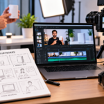Product demo video production with storyboard, laptop screen recording, product shot, and editing timeline