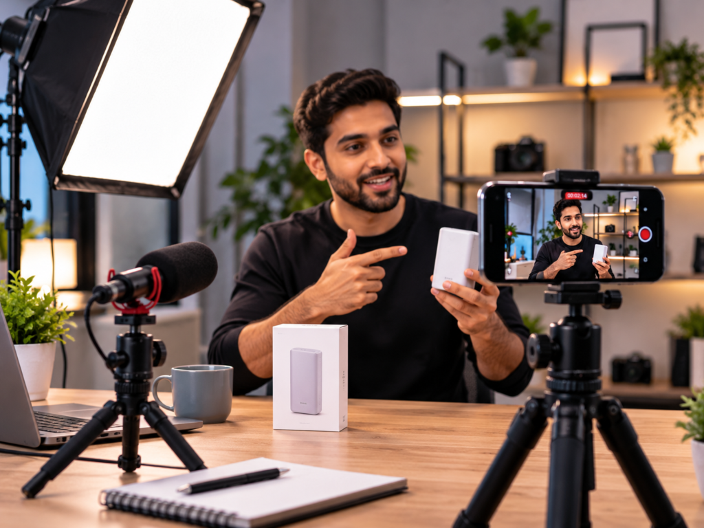 Product review video setup with phone on tripod, microphone, softbox light, and product on a tidy desk