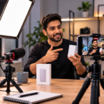 Product review video setup with phone on tripod, microphone, softbox light, and product on a tidy desk