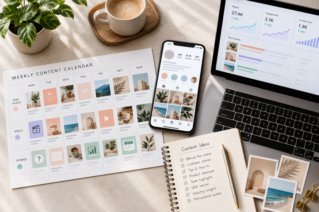Weekly Instagram content calendar for a business showing feed posts, Reels, and Stories