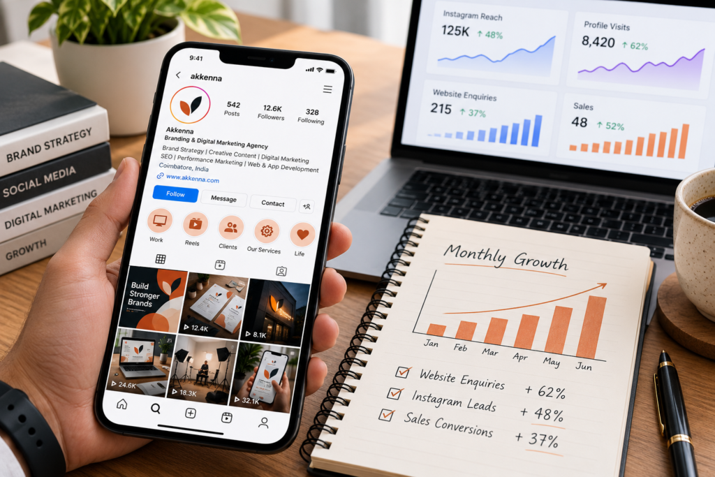 Phone showing a business Instagram profile with Reels and insights, beside a notebook tracking monthly enquiries and sales