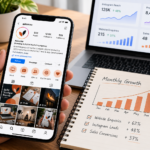 Phone showing a business Instagram profile with Reels and insights, beside a notebook tracking monthly enquiries and sales