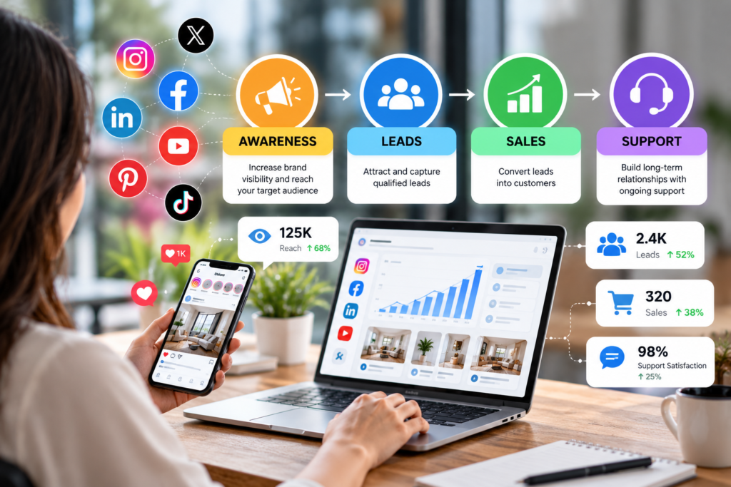 Business social media marketing uses shown as connected icons for awareness, leads, sales, and support