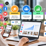 Business social media marketing uses shown as connected icons for awareness, leads, sales, and support