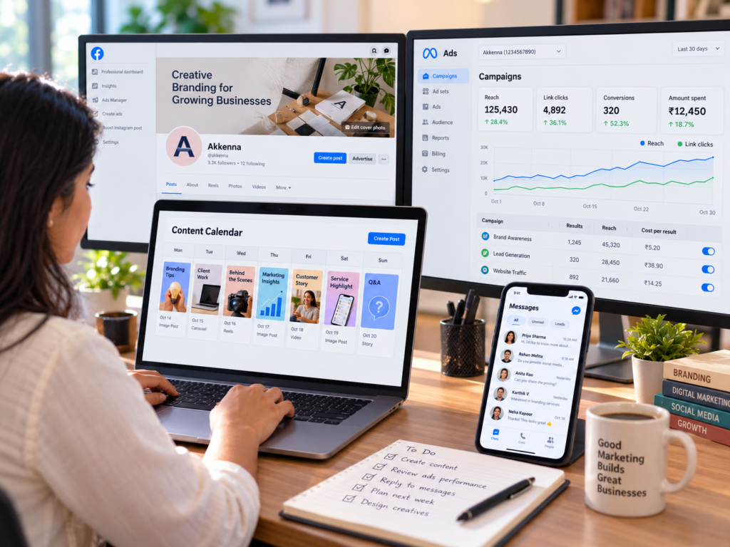 Facebook business marketing setup with Page, content calendar, ads dashboard, and customer messages