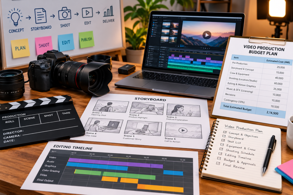 Video production budget planning with storyboard, camera, editing timeline, and cost breakdown