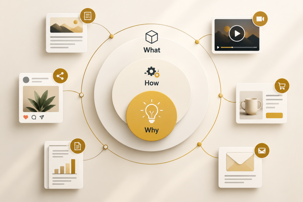Minimal editorial illustration of three concentric circles representing Why, How and What, with small icons of a blog post, video, social post and product page placed around each ring, warm gold accent on a neutral background, clean modern design, no people, no readable brand names